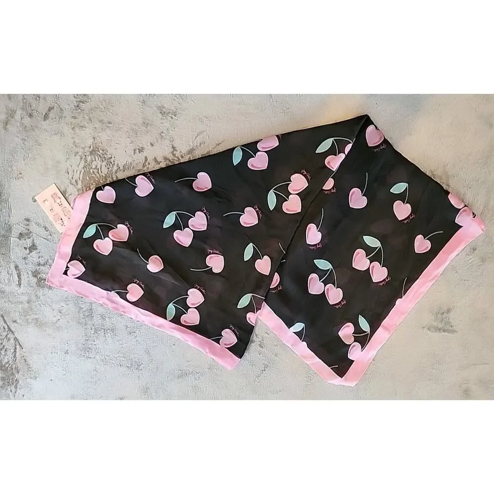 Juicy Couture 100% Polyester Square Scarf Black With Heart Shaped Cherry H65